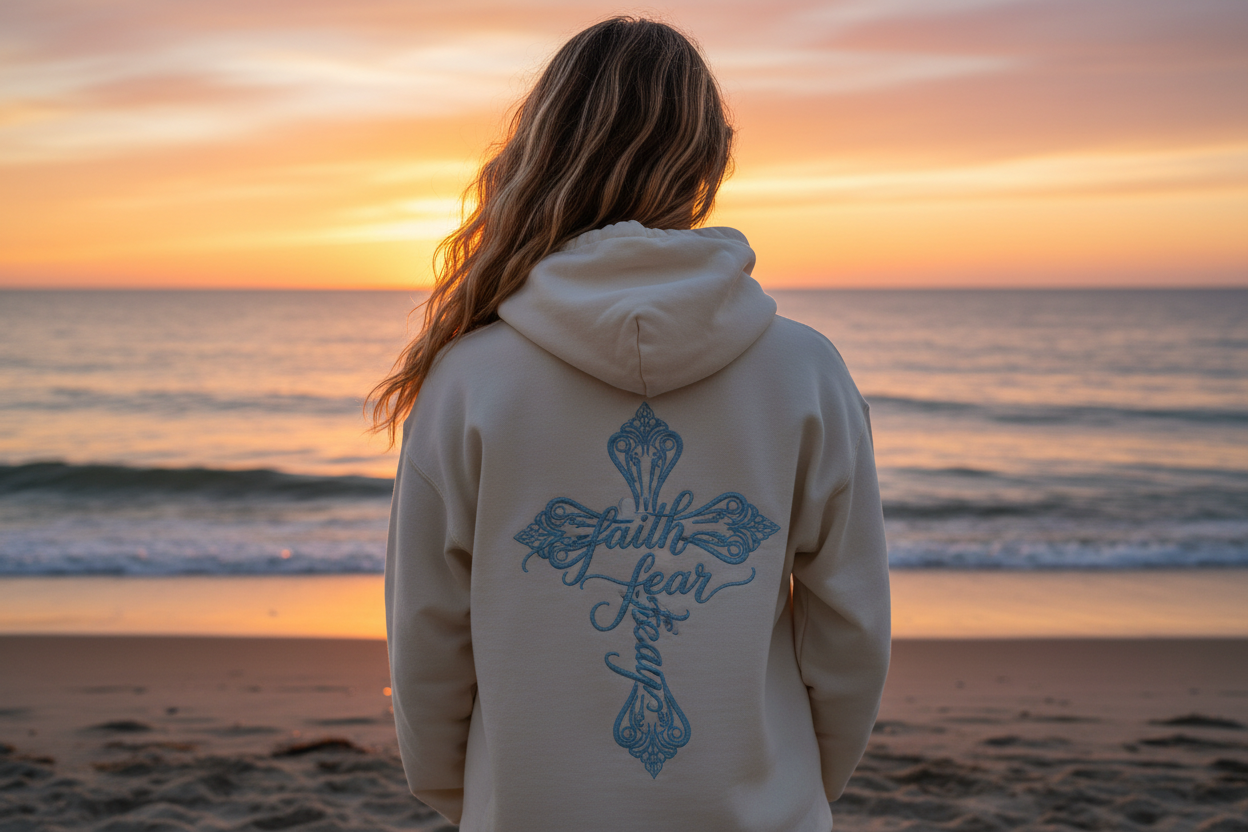 can you make a imaige of a beautiful women standing on the beach looking out into the ocean at sunset and she is wearing a cream hoodie and on the back is a cross that runs down the spine of the hoodie and the cross is embroderd and the length of the cross is the word faith in cursive and the cross part says fear in cursive. My vision is for the embrodred cross and the thread of the cross to be light blue