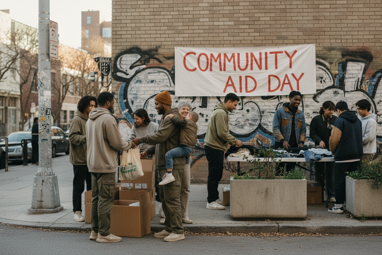 Create an editorial-style image that represents purpose and impact for a modern streetwear brand.
Show a real, human moment that reflects connection, giving back, or community involvement.
The image should feel authentic, grounded, and respectful — not promotional or staged.
Use natural light and a street-level perspective.
Avoid logos, text overlays, or stock-photo energy.