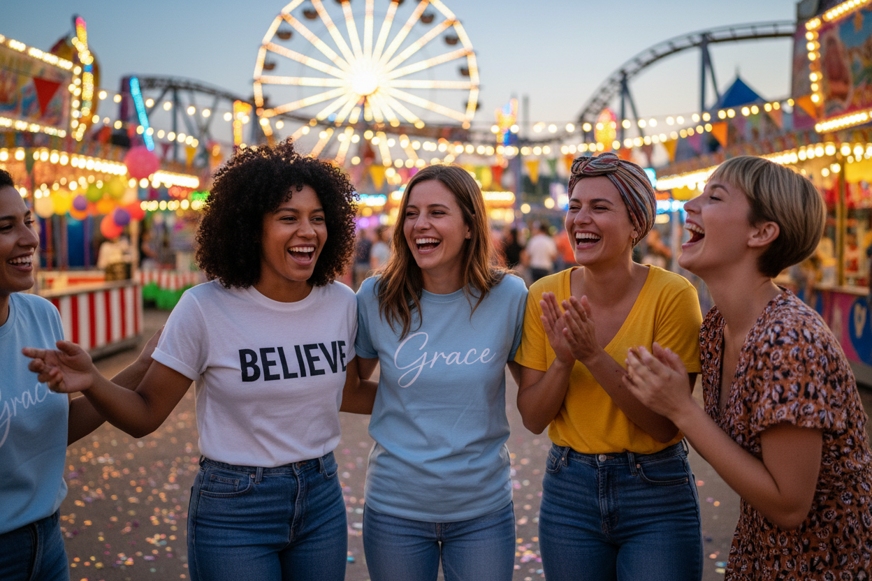 Women at carnival wearing BELIEVE and GRACE t-shirts